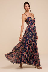 Rebena Navy Multi Floral Pleated Maxi Dress