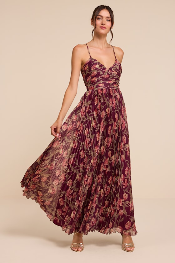 Rebena Plum Multi Floral Pleated Maxi Dress
