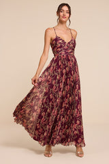 Rebena Plum Multi Floral Pleated Maxi Dress