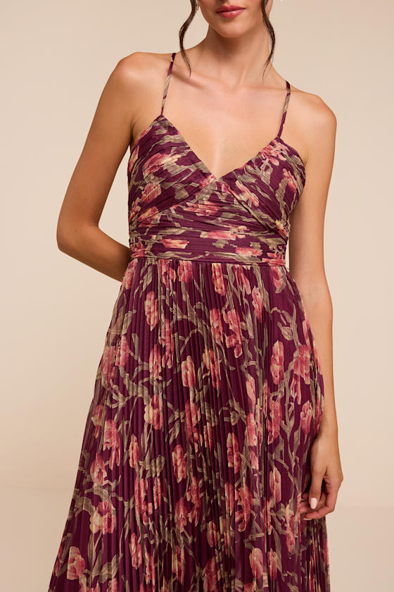 Rebena Plum Multi Floral Pleated Maxi Dress