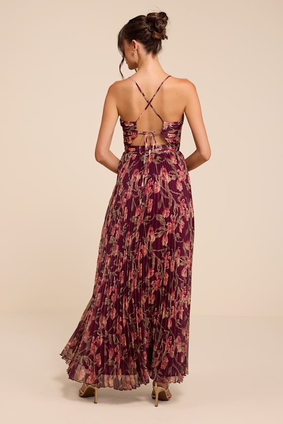 Rebena Plum Multi Floral Pleated Maxi Dress