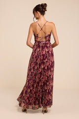 Rebena Plum Multi Floral Pleated Maxi Dress