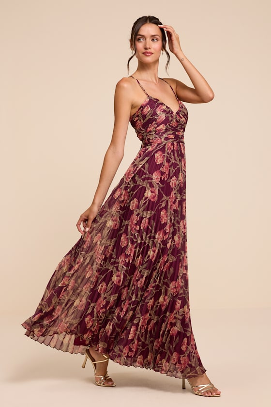 Rebena Plum Multi Floral Pleated Maxi Dress