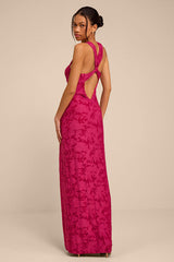 Danette Fuchsia Floral Jacquard Cutout Maxi Dress