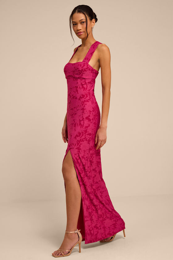 Danette Fuchsia Floral Jacquard Cutout Maxi Dress