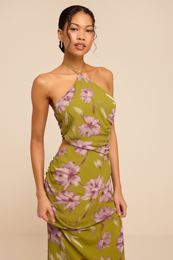 Nikina Chartreuse Floral Halter Maxi Dress