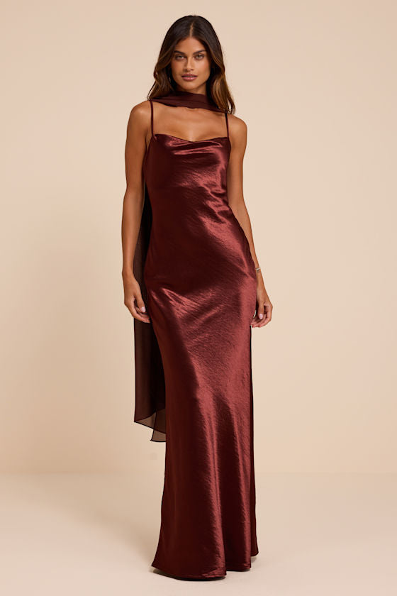 Daya Brown Satin Slip Maxi Dress and Scarf Set