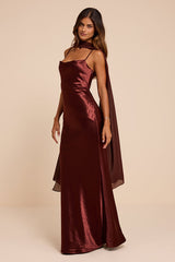Daya Brown Satin Slip Maxi Dress and Scarf Set