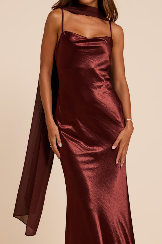 Daya Brown Satin Slip Maxi Dress and Scarf Set
