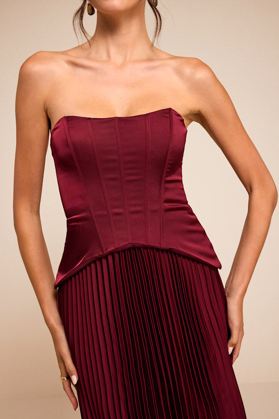 Makani Wine Red Satin Bustier Maxi Dress