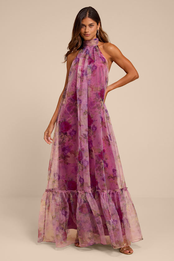 Ashana Magenta Floral Organza Halter Maxi Dress