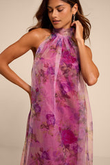 Ashana Magenta Floral Organza Halter Maxi Dress