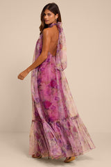 Ashana Magenta Floral Organza Halter Maxi Dress