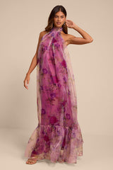 Ashana Magenta Floral Organza Halter Maxi Dress