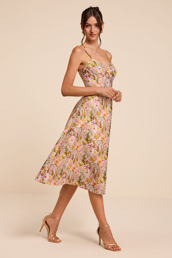 Emmaline Cream Multi Jacquard Lace-Up Midi Dress