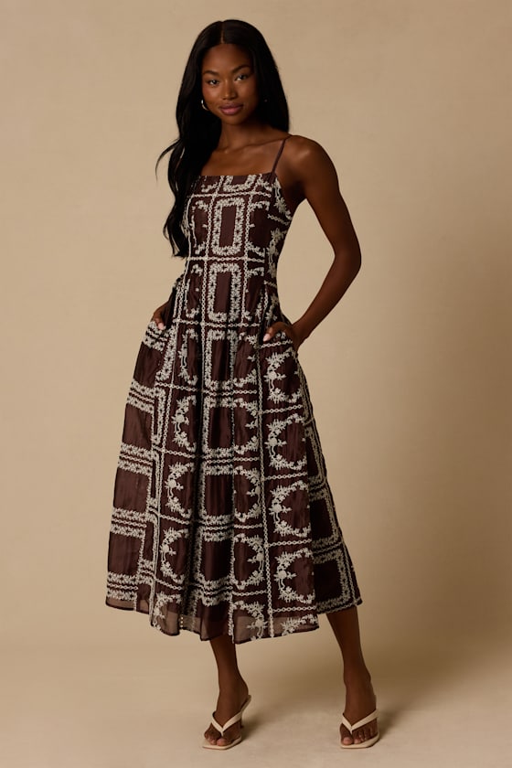 Tassa Brown Embroidered Midi Dress