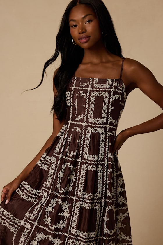 Tassa Brown Embroidered Midi Dress