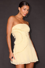 Brylee Butter Yellow Pleated Ruffled Strapless Mini Dress
