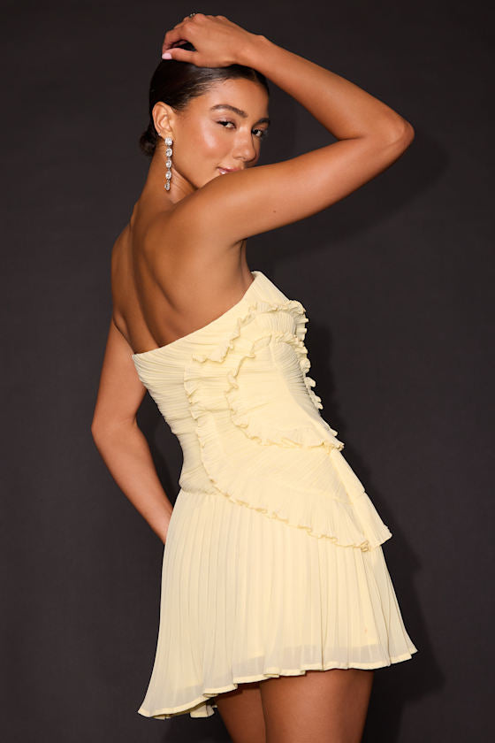 Brylee Butter Yellow Pleated Ruffled Strapless Mini Dress