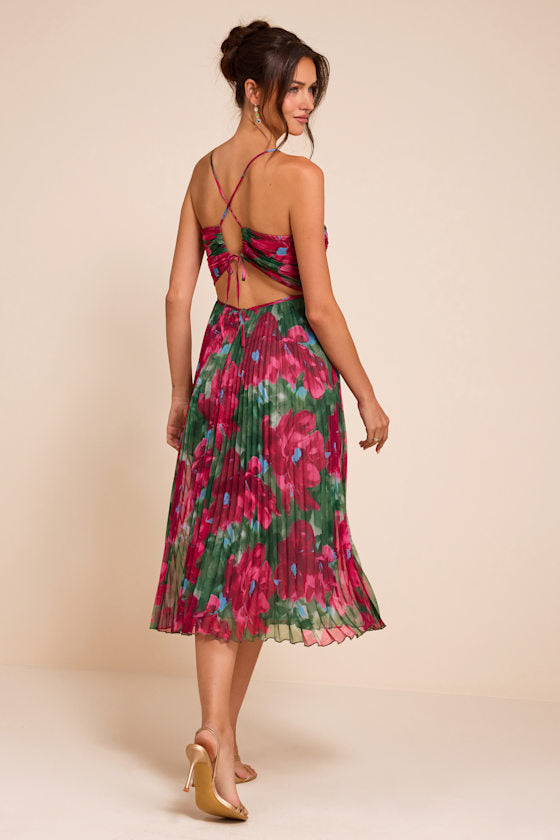 Whitley Green Multi Floral Pleated Sleeveless Midi Dress