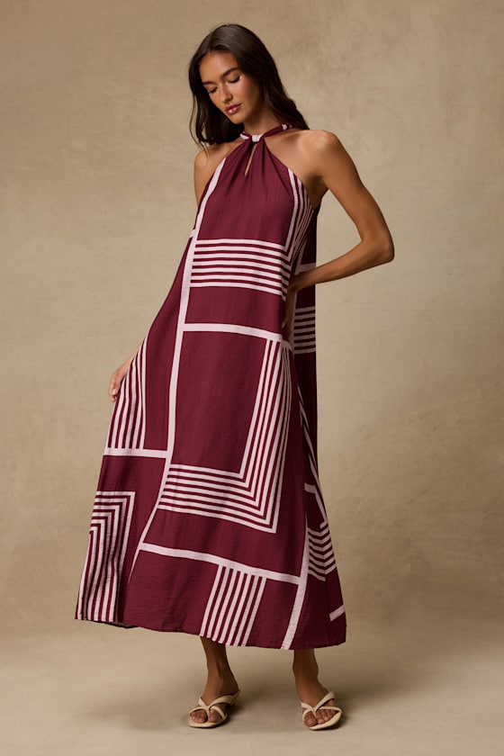 Rio Burgundy and Pink Abstract Print Shift Maxi Dress