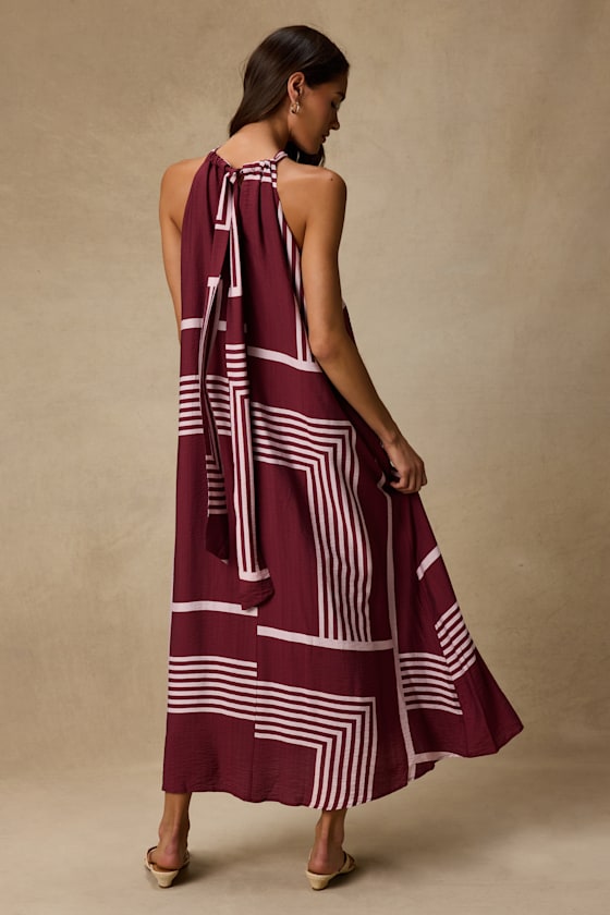 Rio Burgundy and Pink Abstract Print Shift Maxi Dress