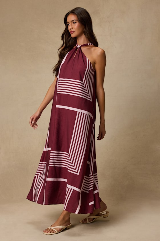 Rio Burgundy and Pink Abstract Print Shift Maxi Dress