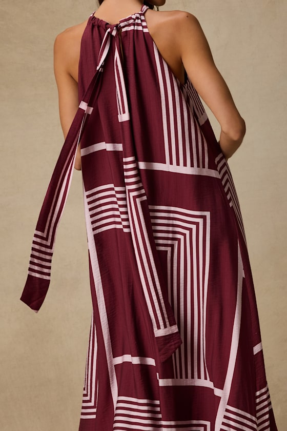 Rio Burgundy and Pink Abstract Print Shift Maxi Dress