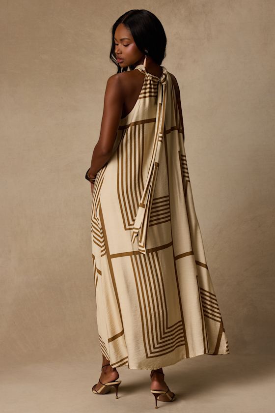Rio Cream and Brown Abstract Print Shift Maxi Dress