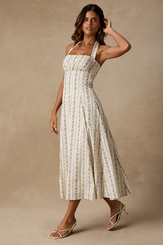 Serenity Cream Multi Floral Halter Midi Dress