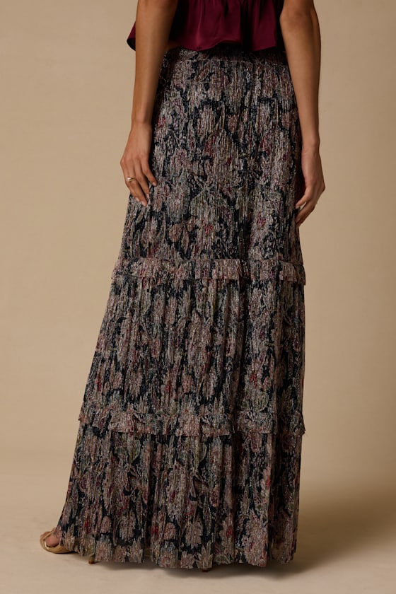 Dimitria Black Multi Floral Lurex Maxi Skirt