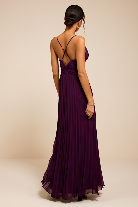 Corella Plum Pleated Backless Maxi Dress