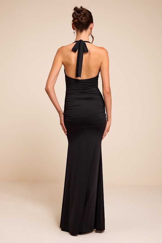 Rosalia Black Jersey Knit Sash Tie Halter Maxi Dress