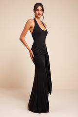 Rosalia Black Jersey Knit Sash Tie Halter Maxi Dress