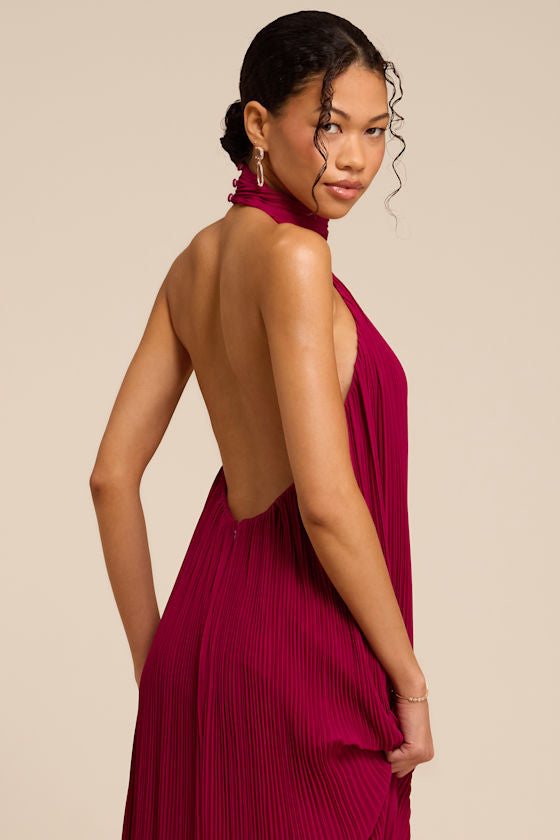 Marta Dark Magenta Pleated Backless Maxi Dress