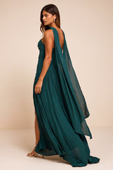 Nellie Teal Pleated Maxi Dress and Scarf Set