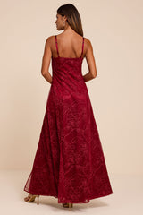 Mitzie Wine Red Embroidered Maxi Dress
