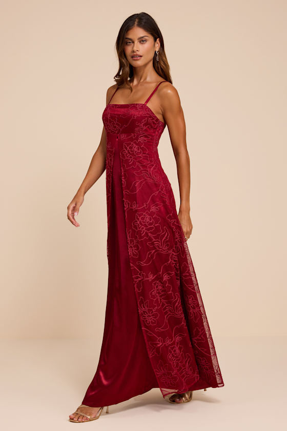 Mitzie Wine Red Embroidered Maxi Dress