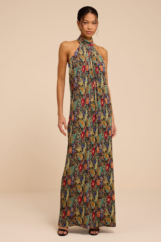 Marta Multi Floral Pleated Backless Maxi Dress