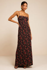 Avi Black Floral Print Pleated Sleeveless Maxi Dress