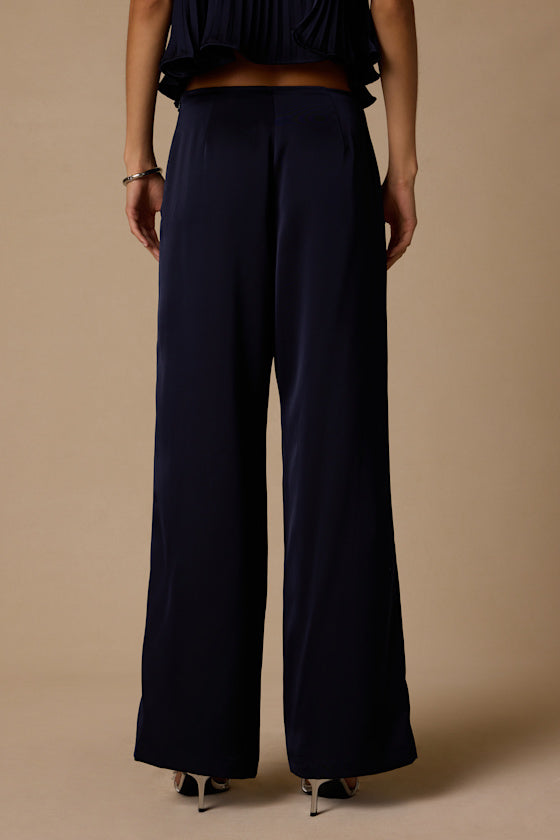 Caspian Navy Satin Wide-Leg Pants