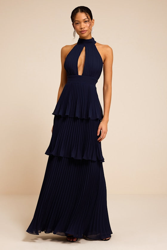 Mavia Navy Pleated Cutout Tiered Maxi Dress