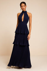 Mavia Navy Pleated Cutout Tiered Maxi Dress