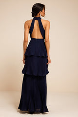 Mavia Navy Pleated Cutout Tiered Maxi Dress