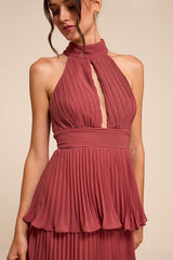 Mavia Rusty Rose Pleated Cutout Tiered Maxi Dress