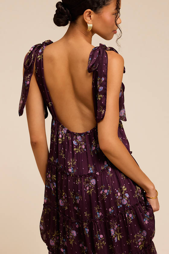 Daylin Plum Floral Tie-Strap Midi Dress