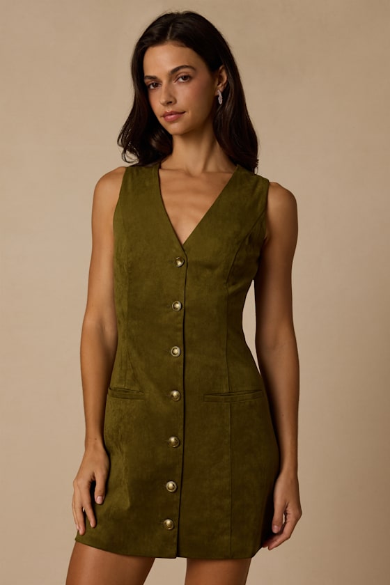 Danny Olive Suede Button-Front Mini Dress