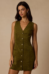 Danny Olive Suede Button-Front Mini Dress