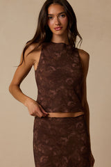 Myette Brown Floral Mesh Cowl Back Tank Top