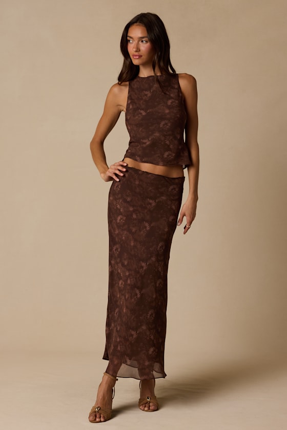 Myette Brown Floral Mesh Cowl Back Tank Top